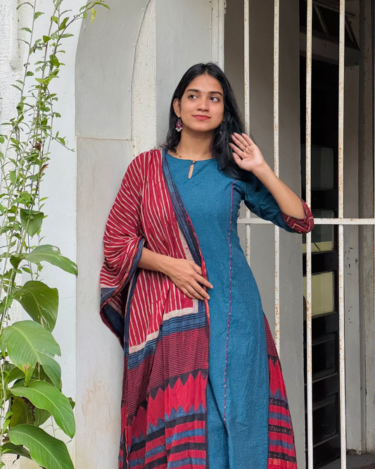 Vaanam - Handloom X Ajrakh Fusion A-line Kurta & Dupatta Set