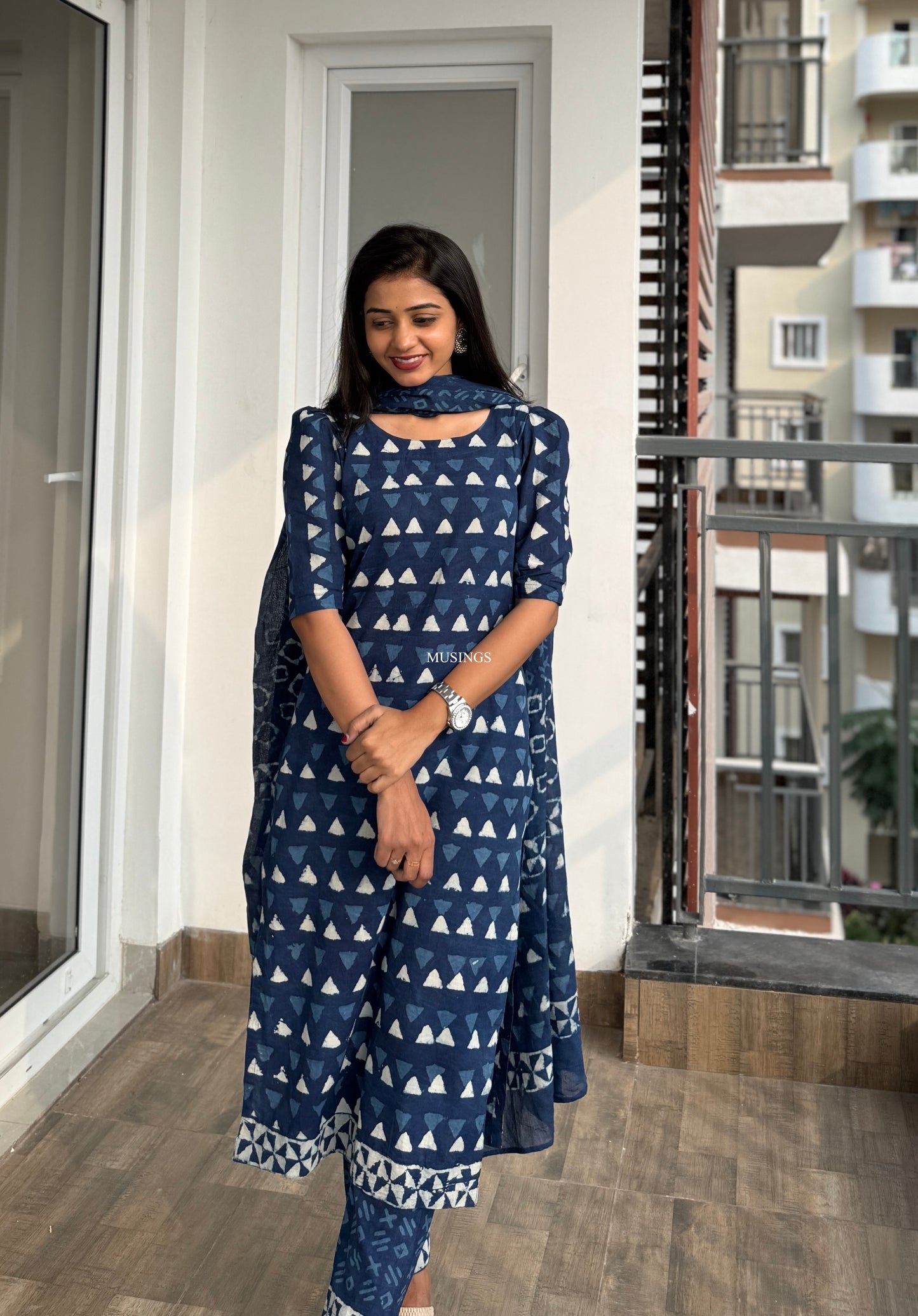 Megha - Indigo Cotton Handblock Printed Kurta Set