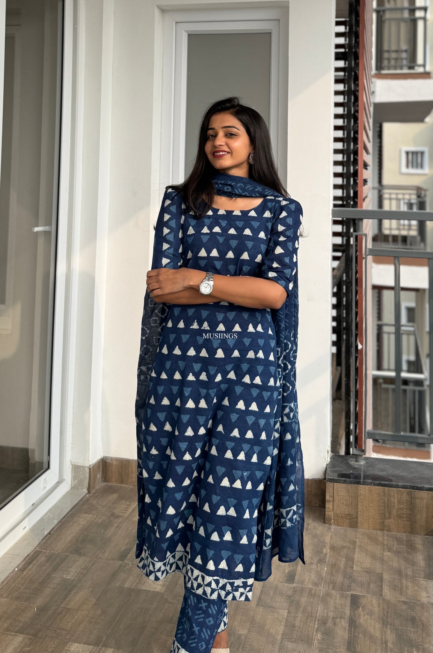 Megha - Indigo Cotton Handblock Printed Kurta Set