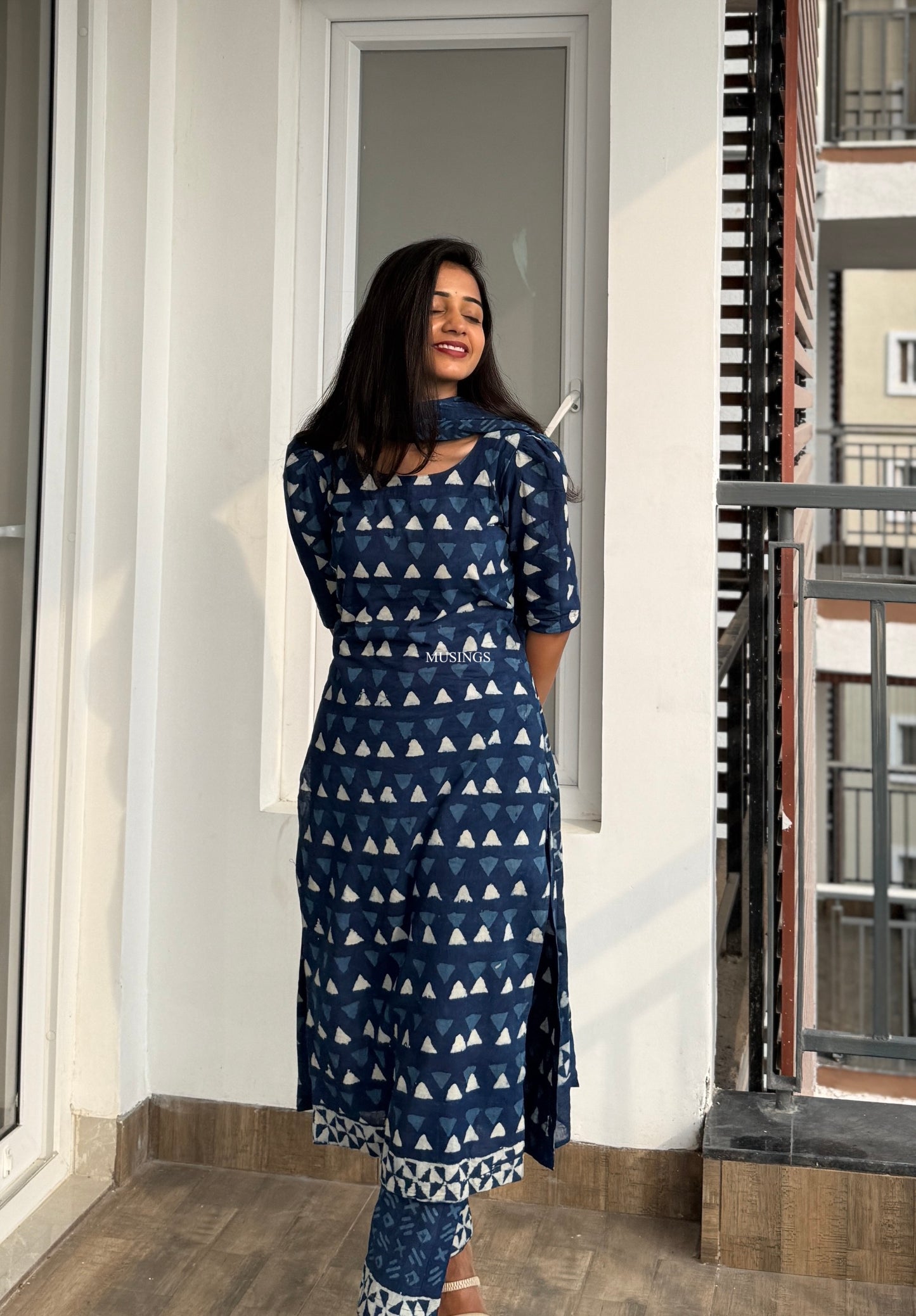 Megha - Indigo Cotton Handblock Printed Kurta Set