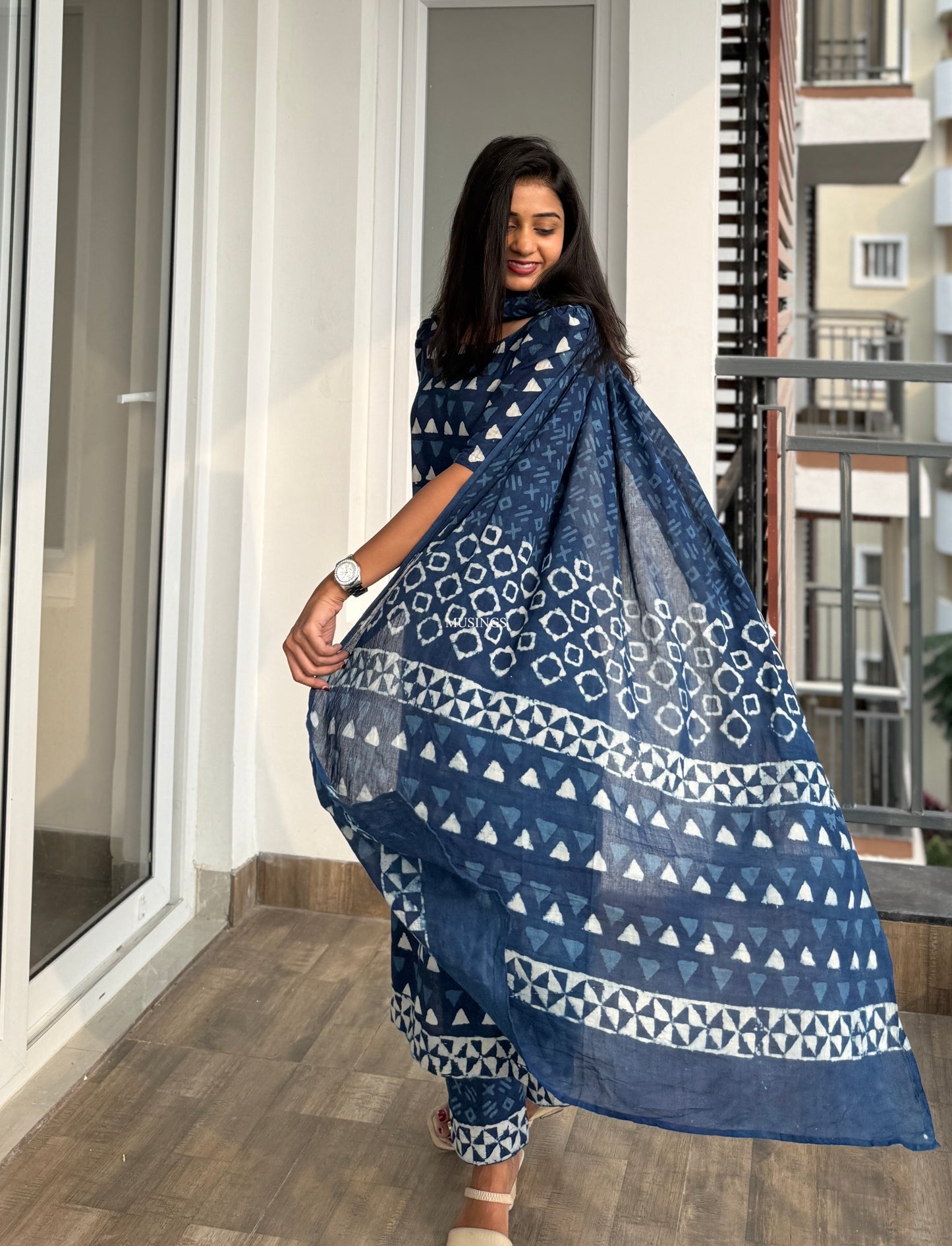 Megha - Indigo Cotton Handblock Printed Kurta Set