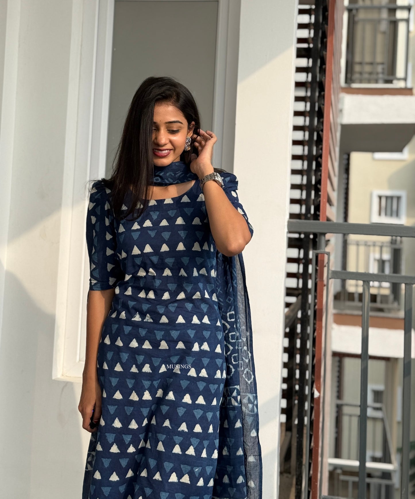 Megha - Indigo Cotton Handblock Printed Kurta Set