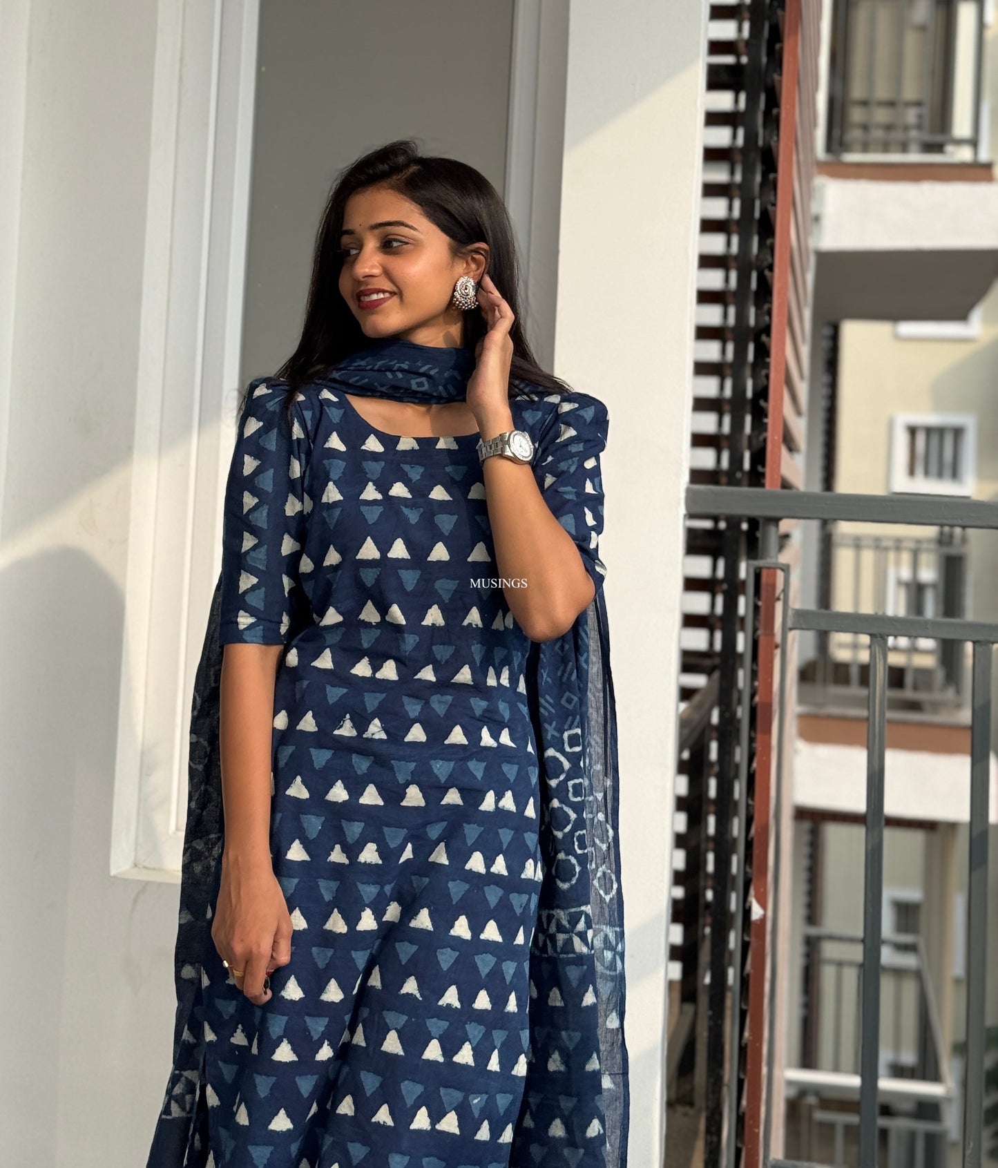 Megha - Indigo Cotton Handblock Printed Kurta Set