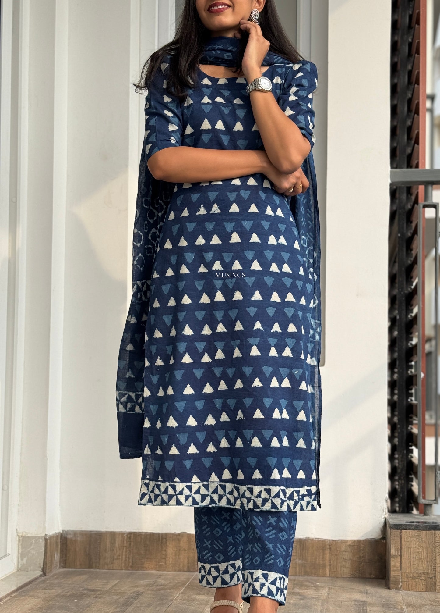 Megha - Indigo Cotton Handblock Printed Kurta Set