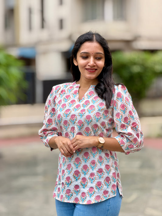 Cherry - Handblock Printed Sanganeri Short Kurta