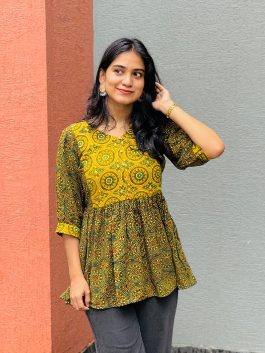 Thulsi - Ajrakh Handblock Printed Fusion Short Kurta