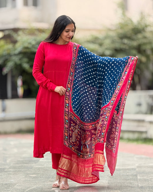 Avantika - Blue Bandhini x Kalamkari Lagda Patti Modal Silk Dupatta