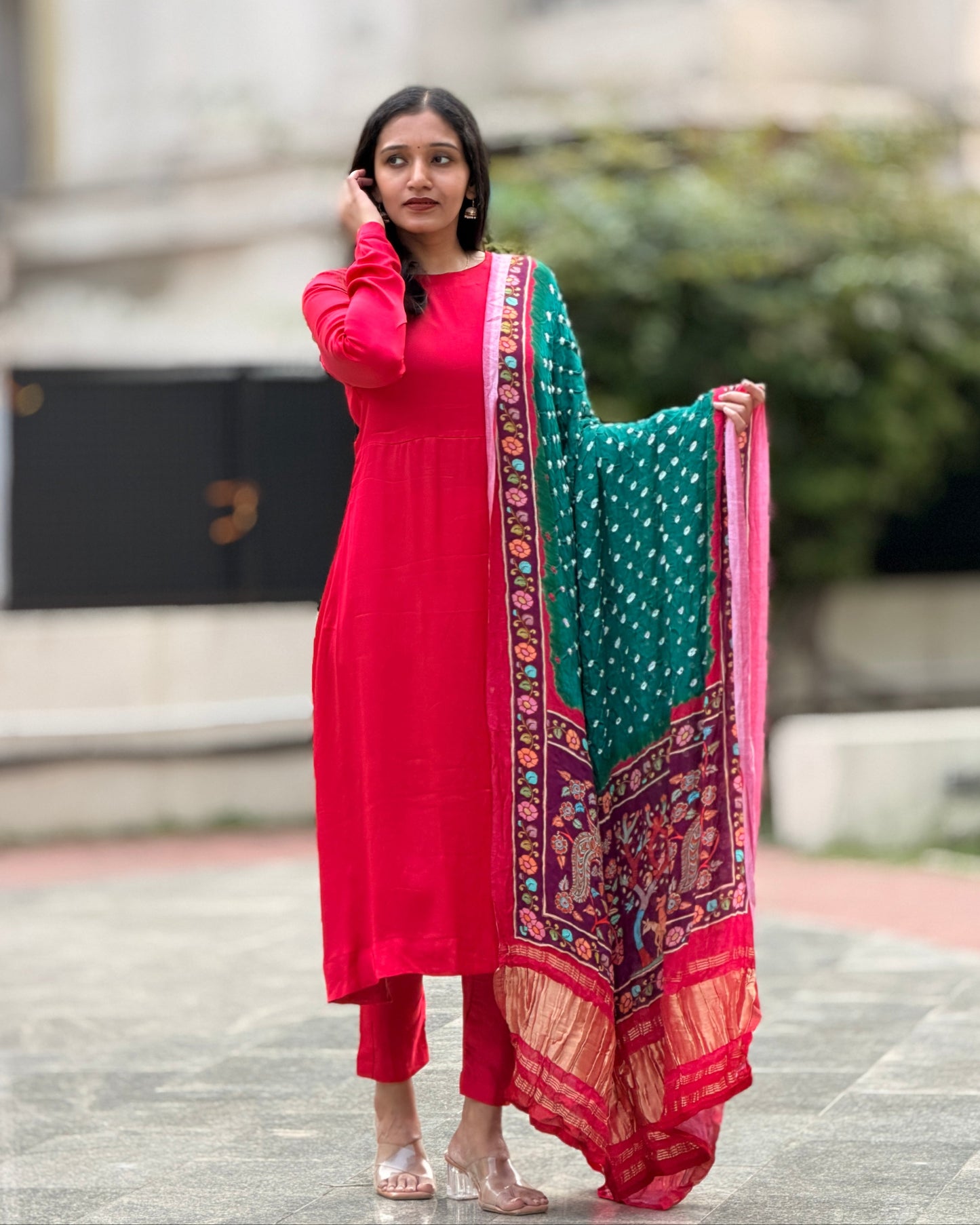 Avantika - Green Bandhini x Kalamkari Lagda Patti Modal Silk Dupatta