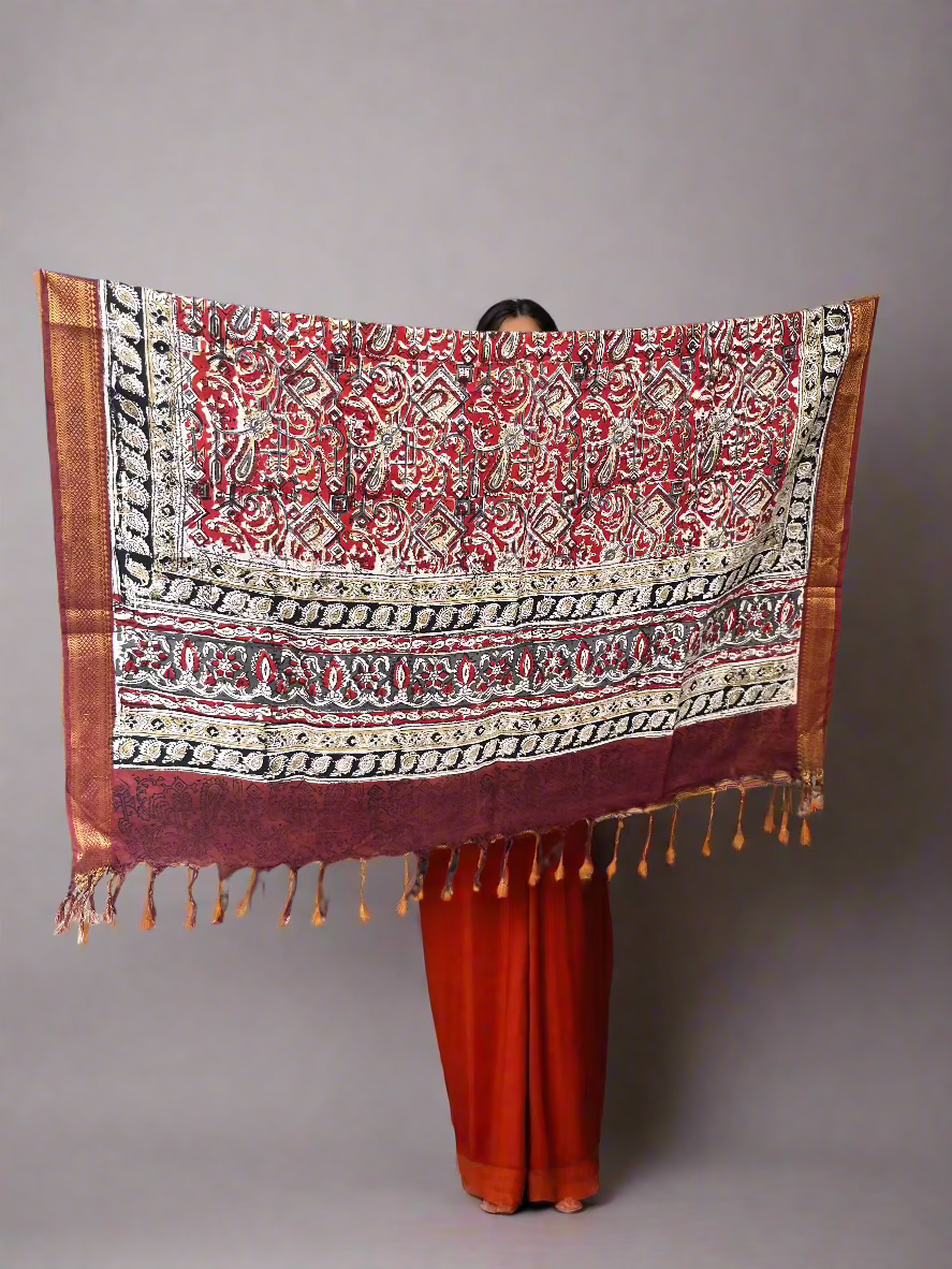 Shravya - Kalamkari Handblock Printed Silk Dupatta