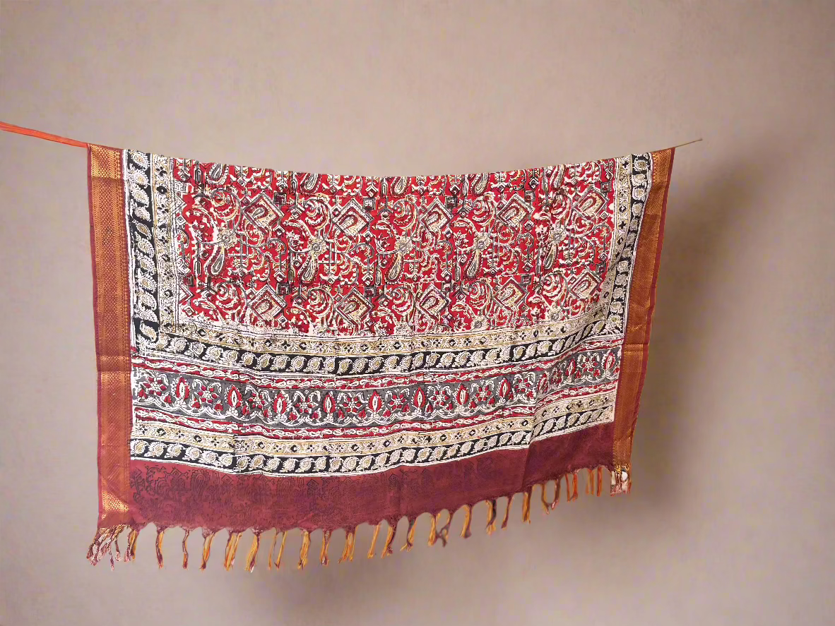 Shravya - Kalamkari Handblock Printed Silk Dupatta