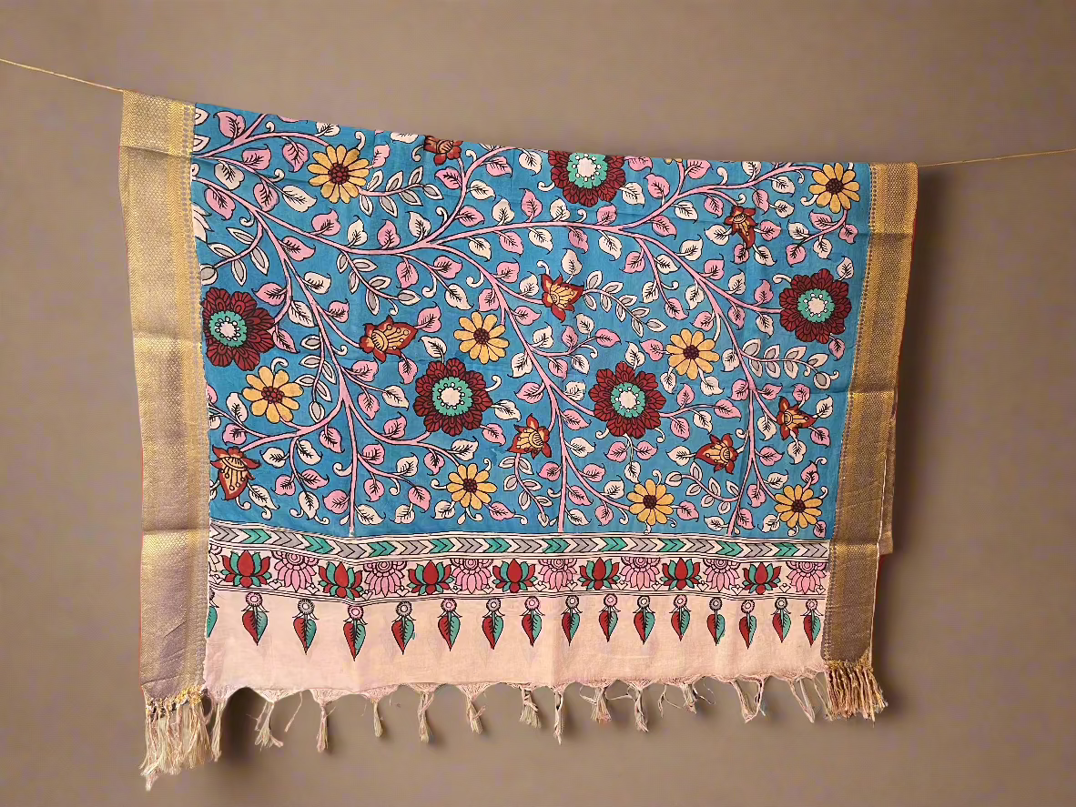 Mayuri - Pen Kalamkari on Bangalore Silk Dupatta