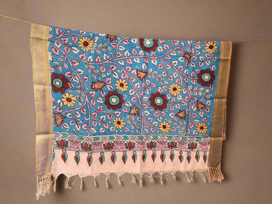 Mayuri - Pen Kalamkari on Bangalore Silk Dupatta