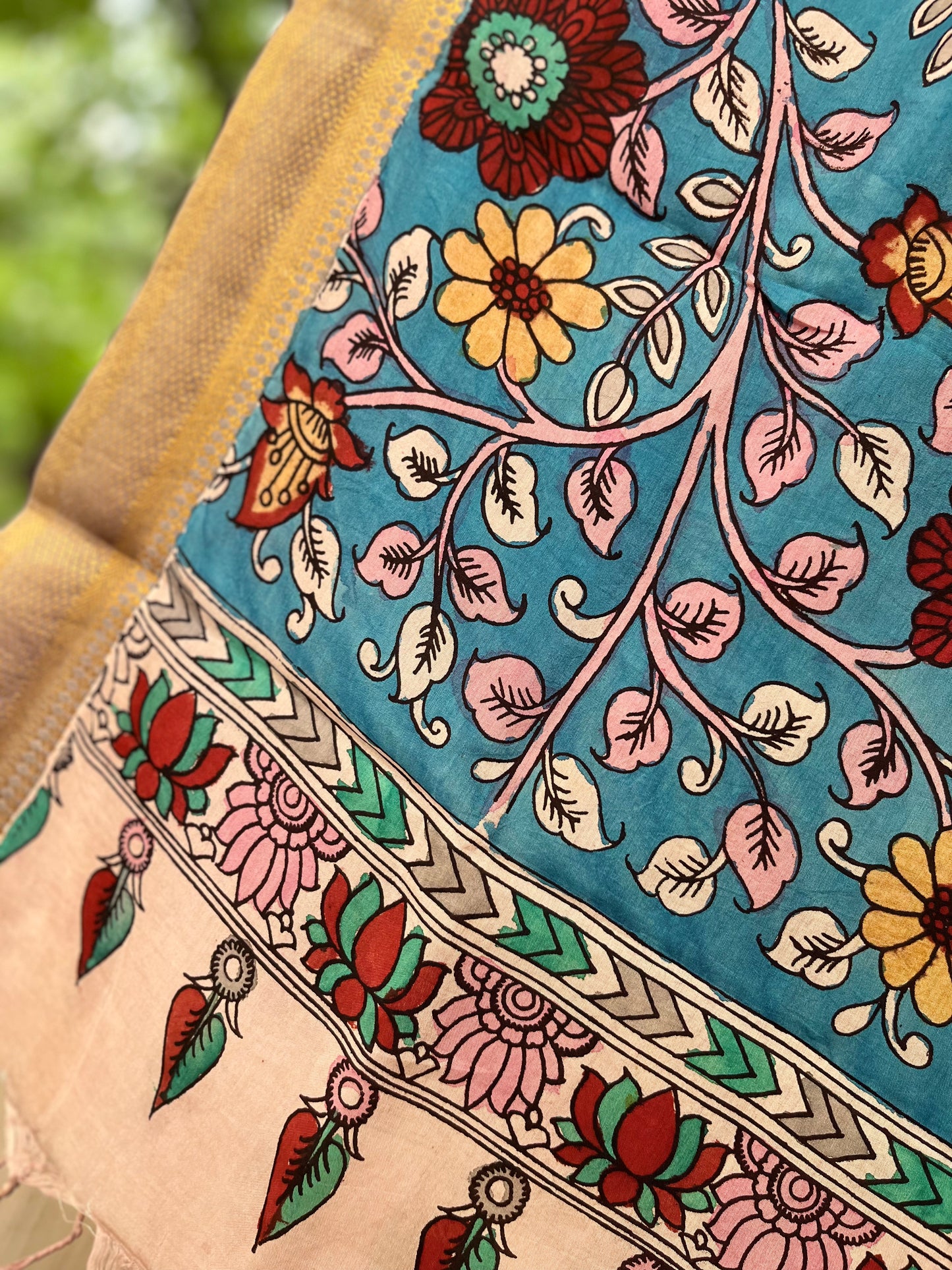 Mayuri - Pen Kalamkari on Bangalore Silk Dupatta