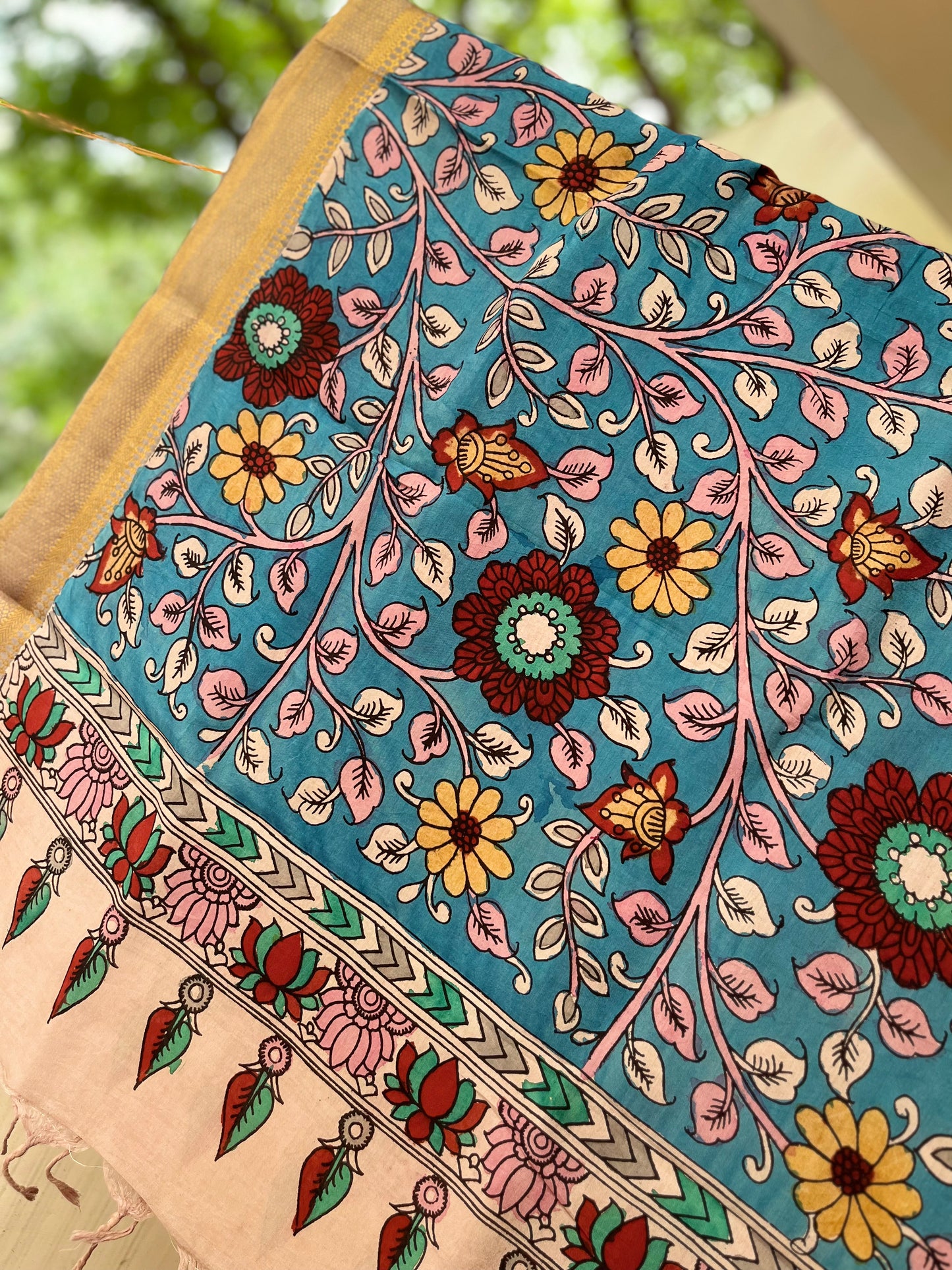 Mayuri - Pen Kalamkari on Bangalore Silk Dupatta