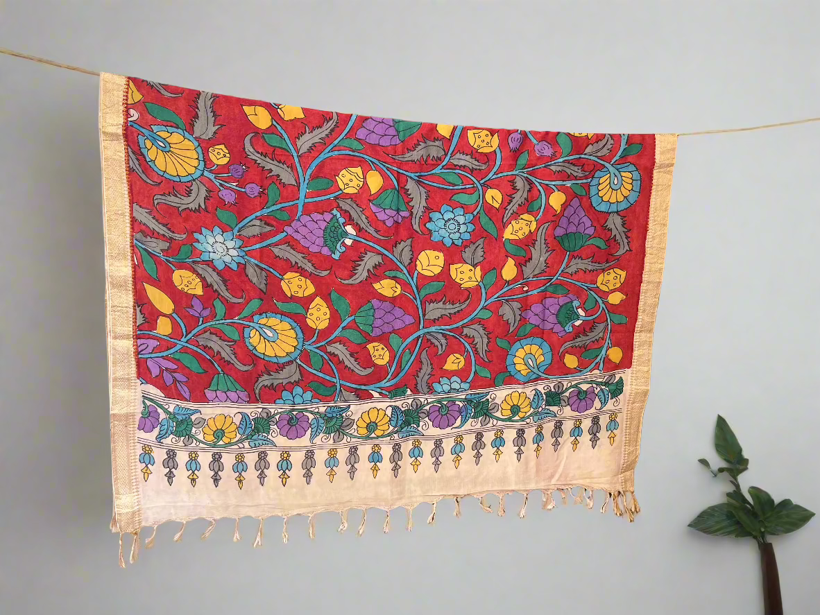 Varnam - Pen Kalamkari on Bangalore Silk Dupatta