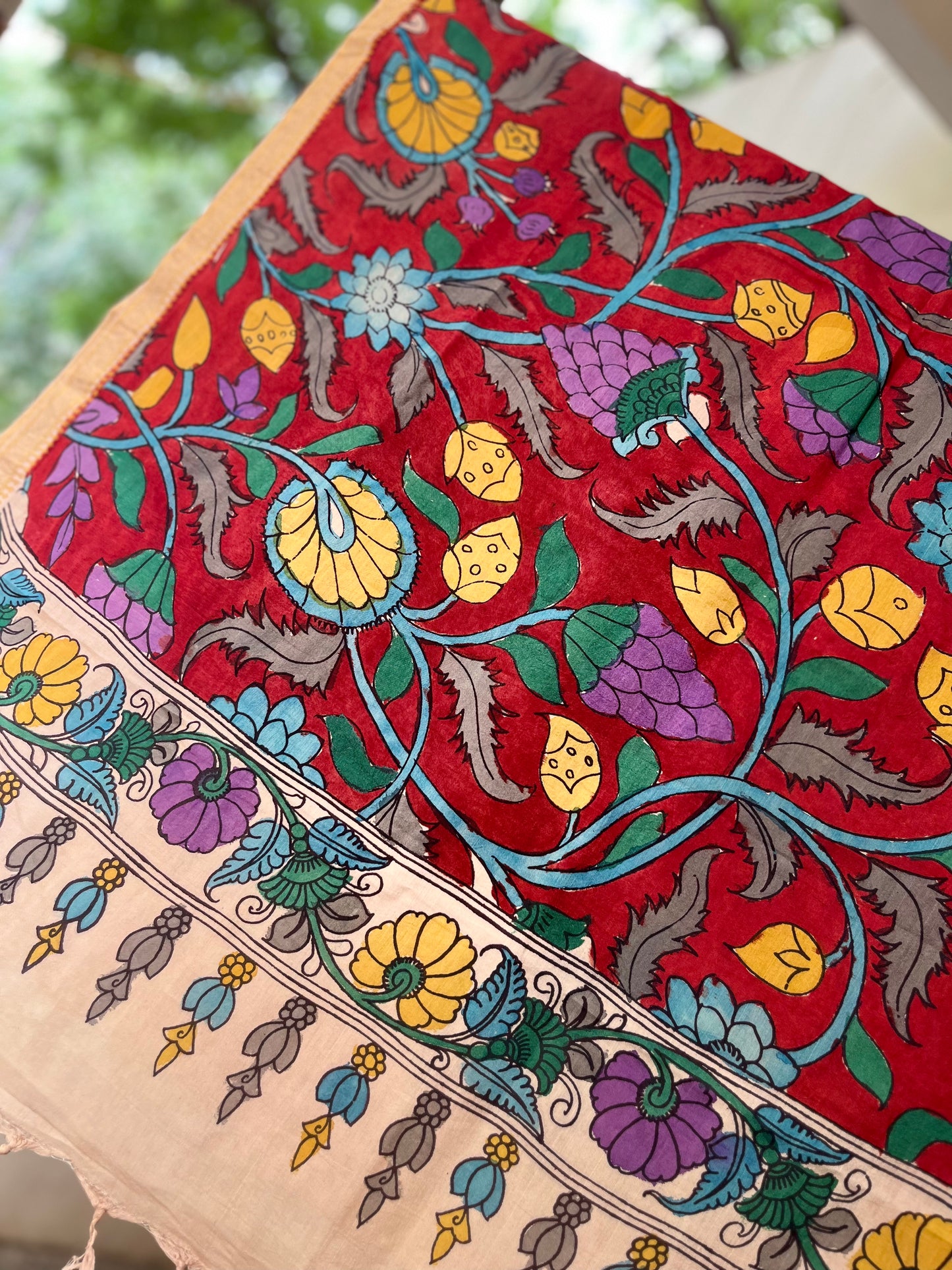 Varnam - Pen Kalamkari on Bangalore Silk Dupatta