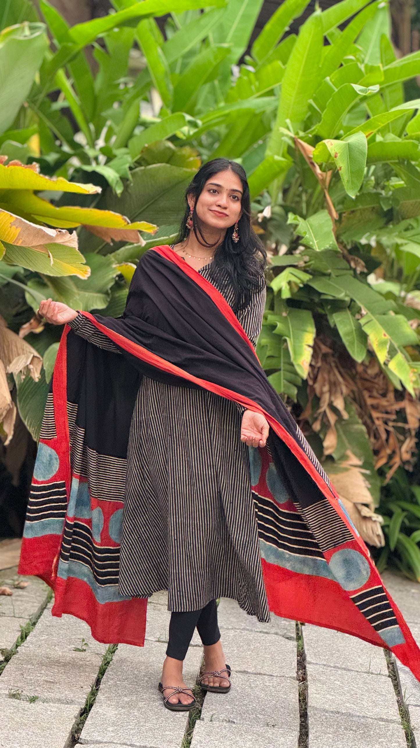 Aarohi - Ajrakh Handblock Printed Striped Kurta & Dupatta Combo