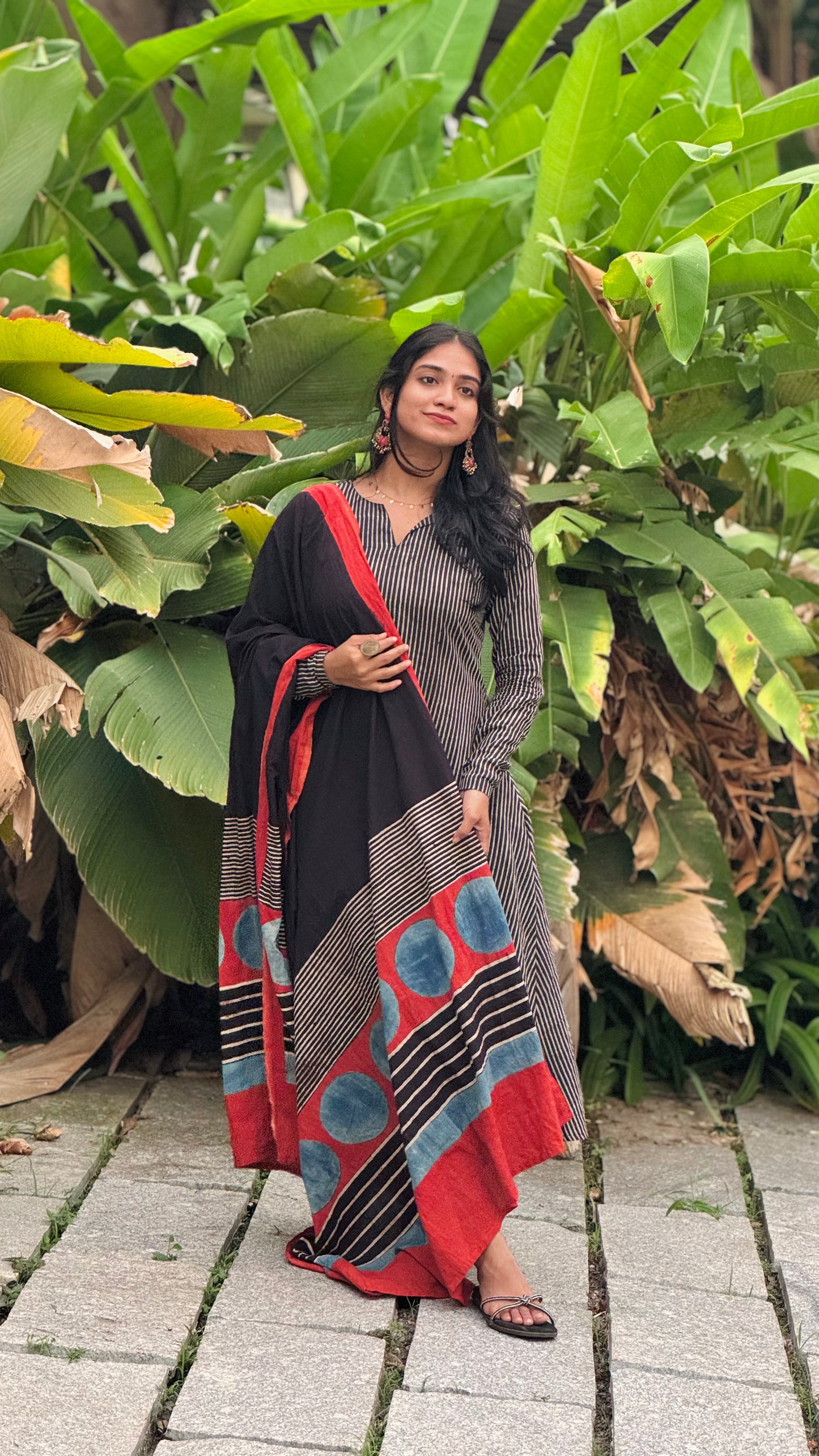 Aarohi - Ajrakh Handblock Printed Striped Kurta & Dupatta Combo