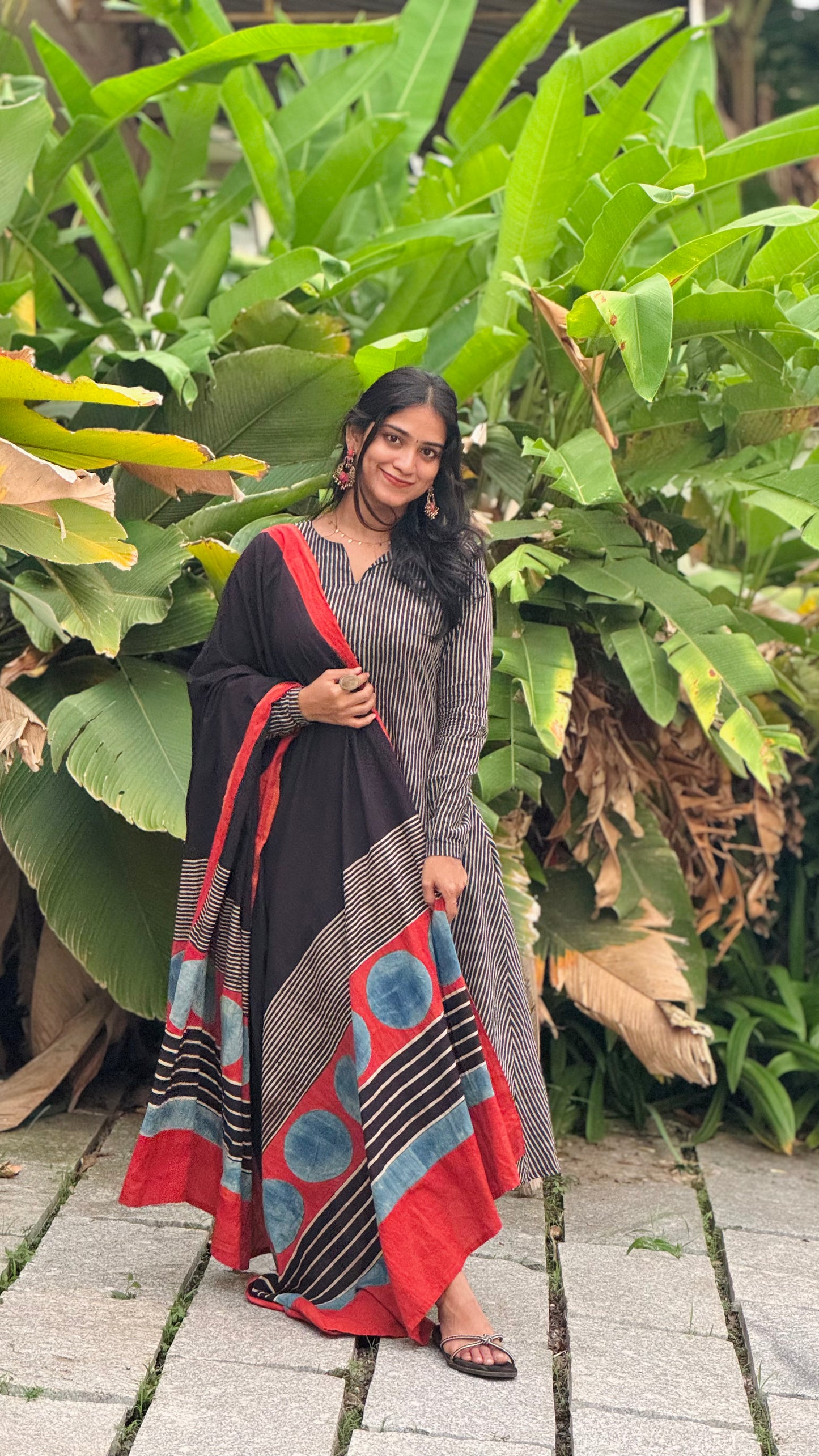 Aarohi - Ajrakh Handblock Printed Striped Kurta & Dupatta Combo