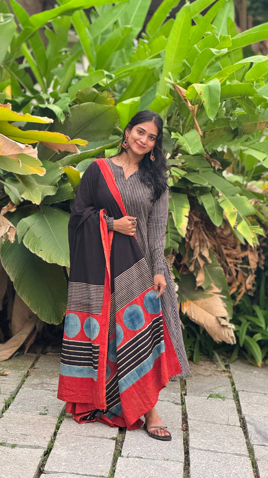 Aarohi - Ajrakh Handblock Printed Striped Kurta & Dupatta Combo