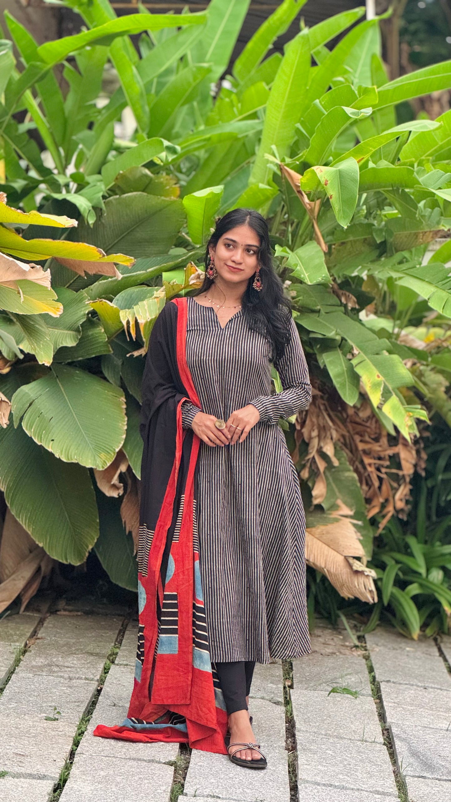 Aarohi - Ajrakh Handblock Printed Striped Kurta & Dupatta Combo