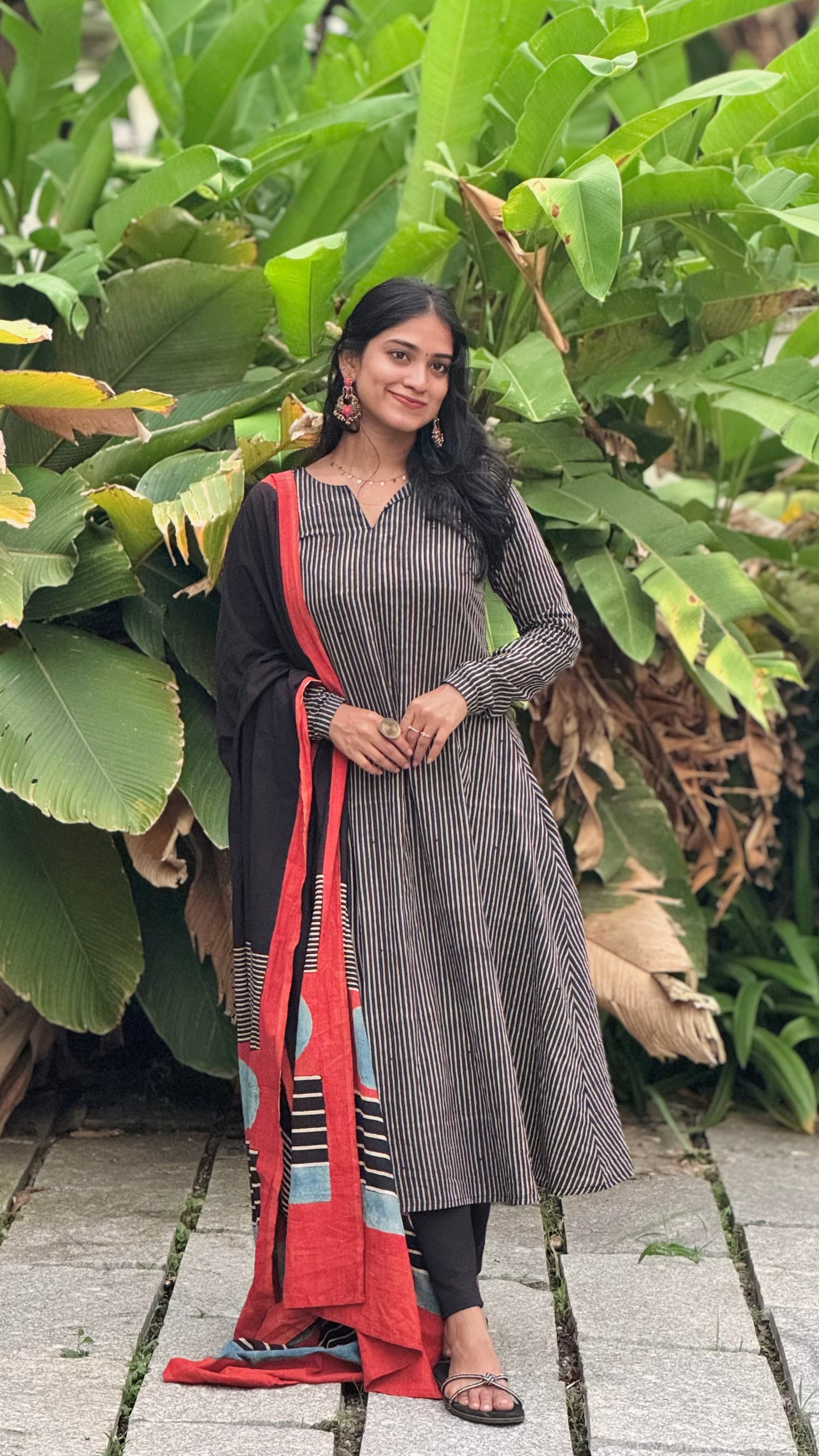 Aarohi - Ajrakh Handblock Printed Striped Kurta