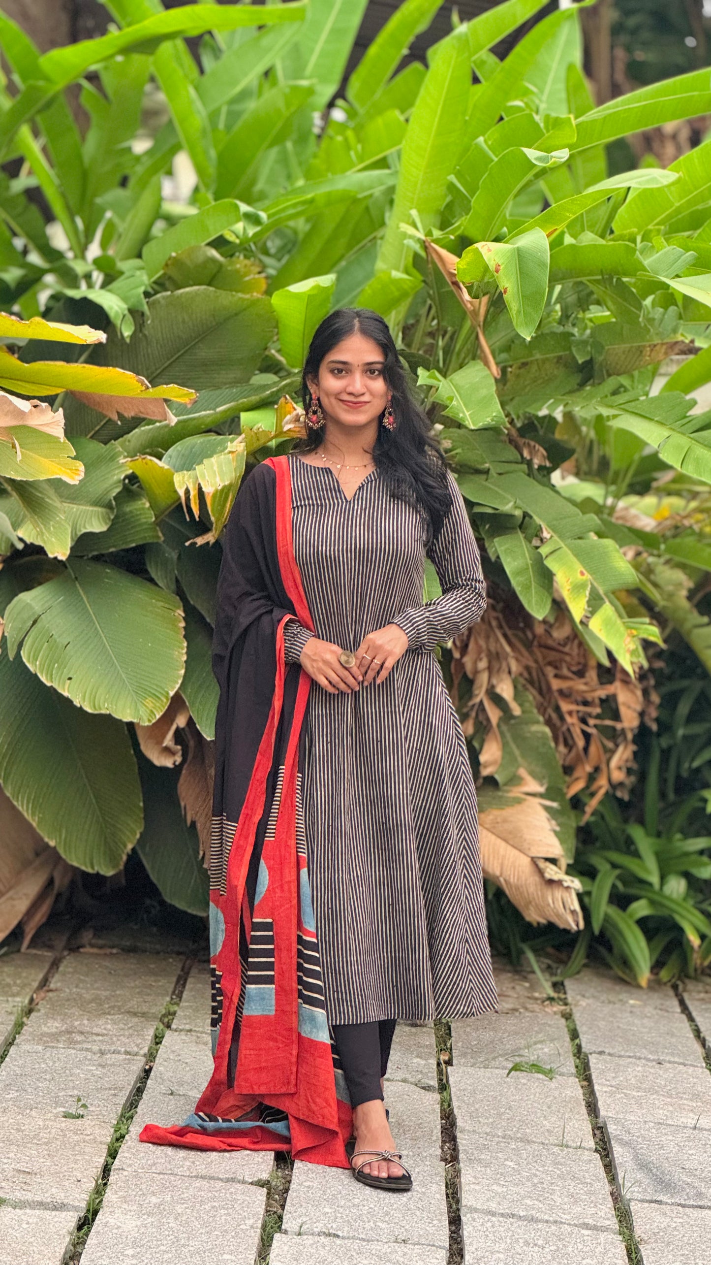 Aarohi - Ajrakh Handblock Printed Striped Kurta & Dupatta Combo