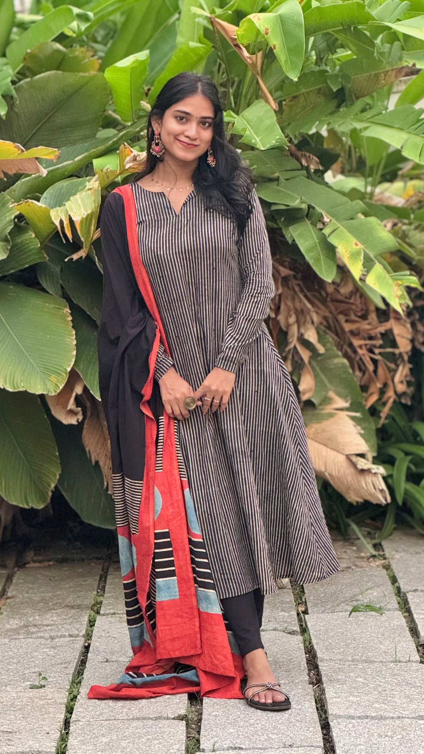 Aarohi - Ajrakh Handblock Printed Striped Kurta