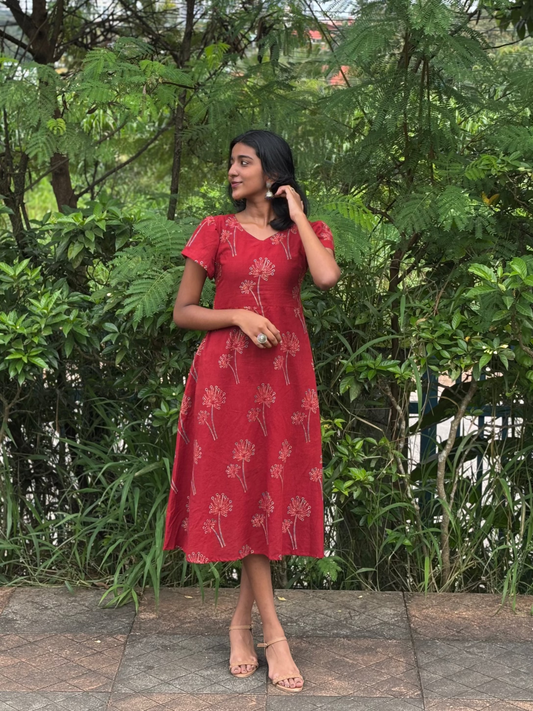 Red Bloom - Ajrakh Handblock Printed Dress