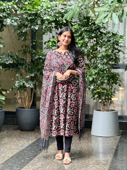 Midnight Dreams - Sanganeri Handblock Printed Kurta and Dupatta Set