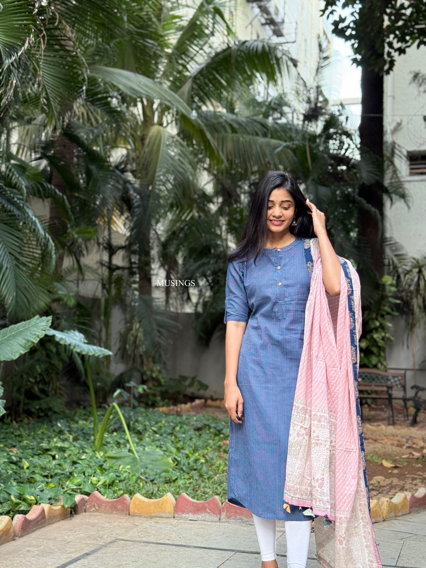 Nidhi - Kantha Stitched Kurta with Mul Cotton Patchwork Dupatta