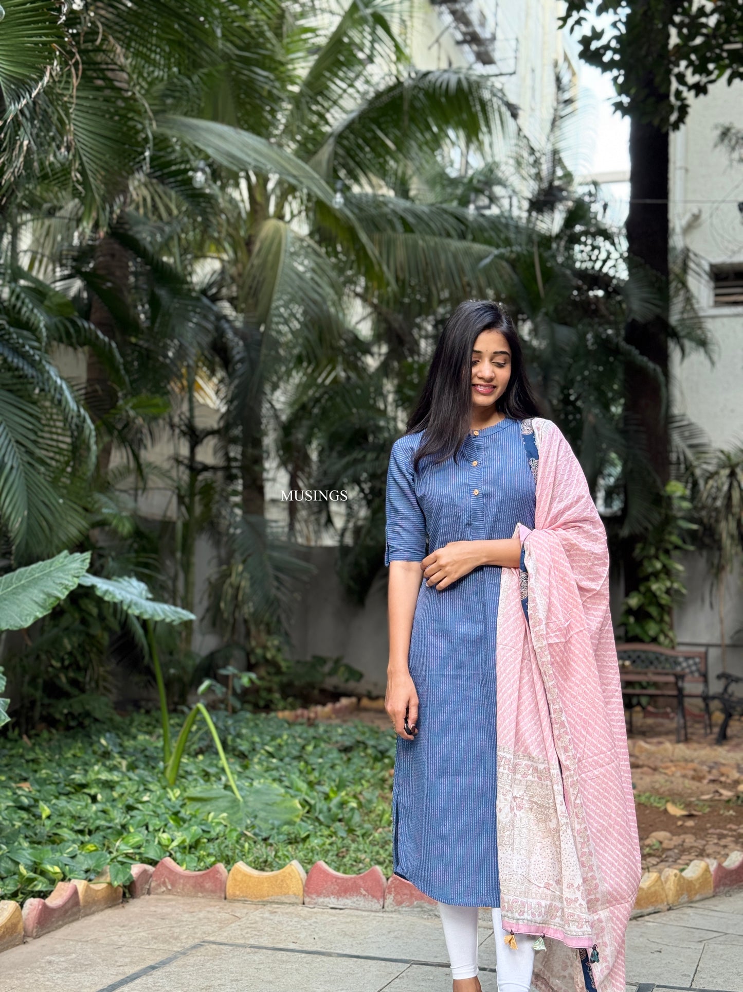 Nidhi - Kantha Stitched Kurta with Mul Cotton Patchwork Dupatta