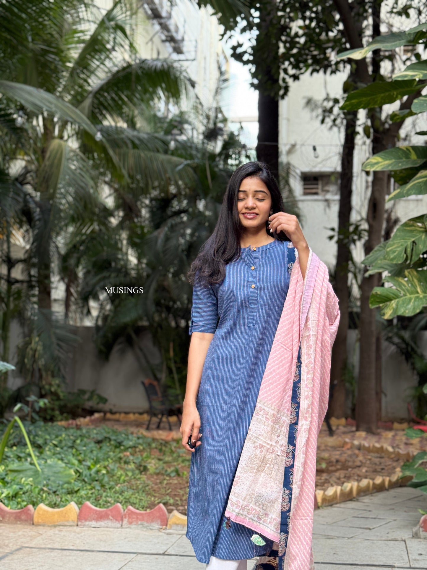 Nidhi - Kantha Stitched Kurta with Mul Cotton Patchwork Dupatta