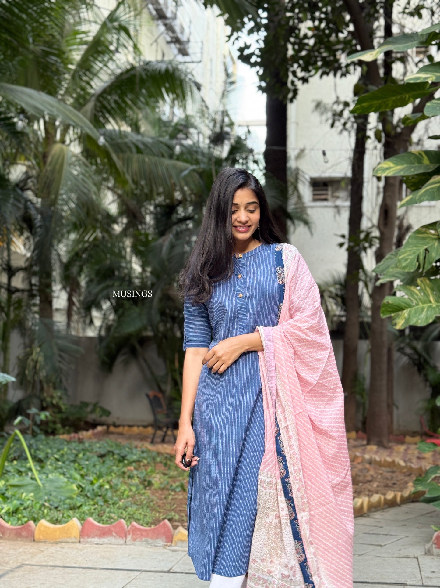 Nidhi - Kantha Stitched Kurta with Mul Cotton Patchwork Dupatta