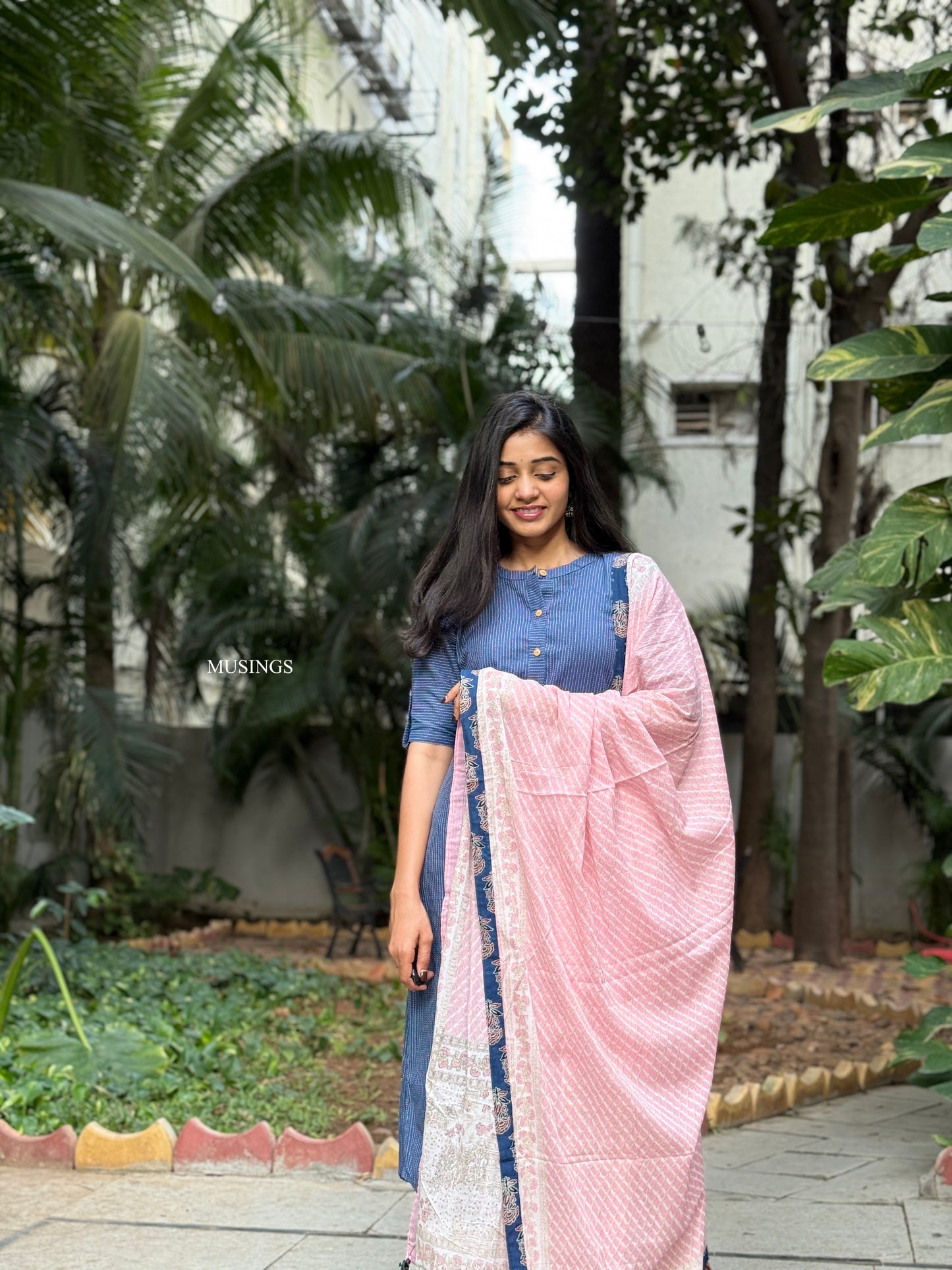 Nidhi - Kantha Stitched Kurta with Mul Cotton Patchwork Dupatta