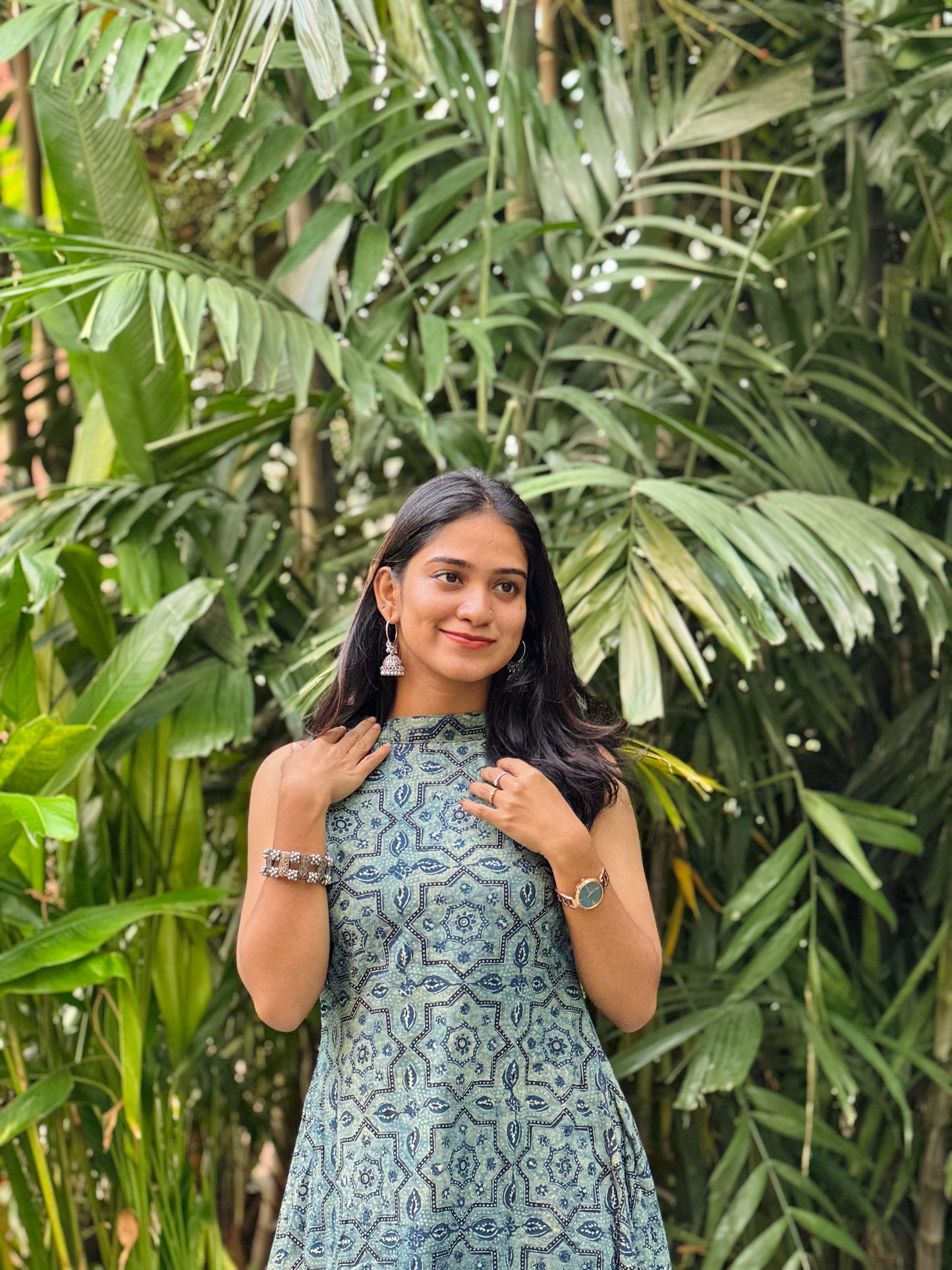 Ruchi - Teal Barmer Ajrakh Block Printed A-line Dress