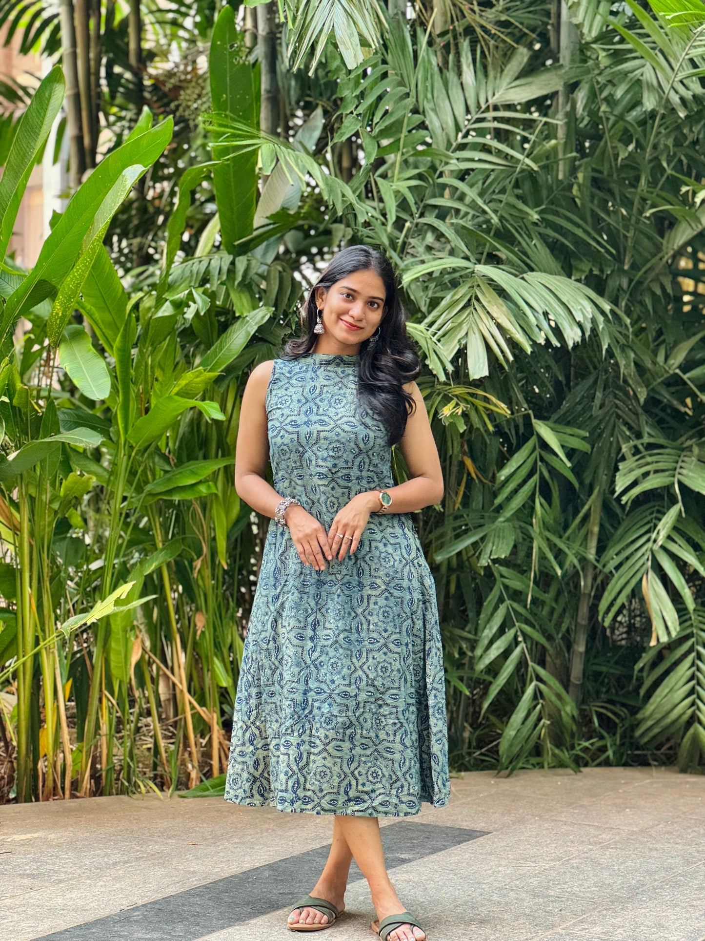 Ruchi - Teal Barmer Ajrakh Block Printed A-line Dress