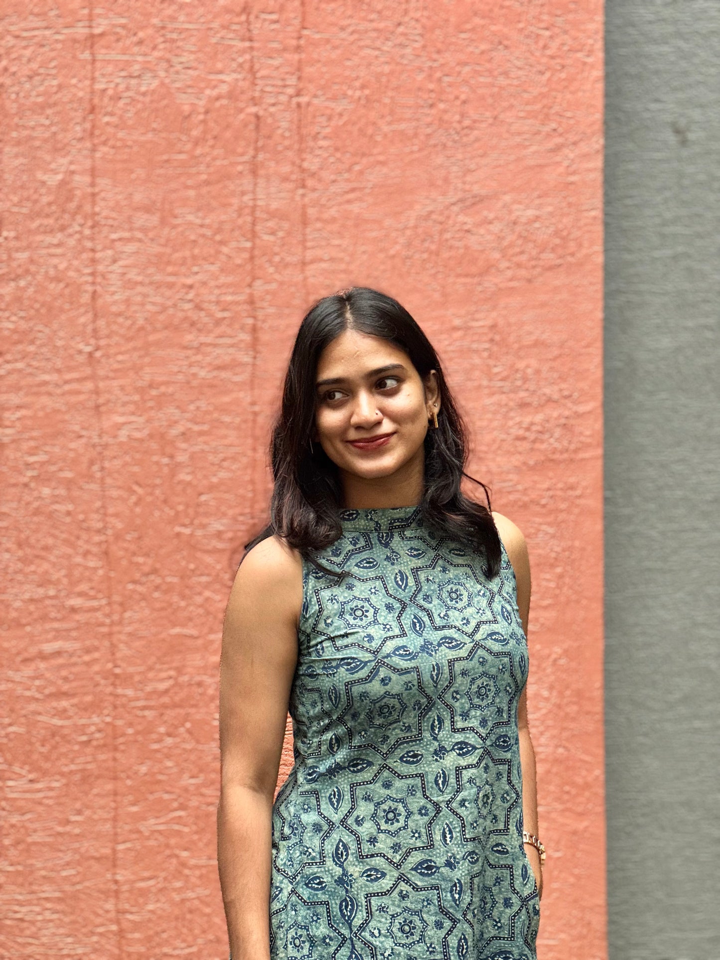 Ruchi - Teal Barmer Ajrakh Block Printed A-line Dress