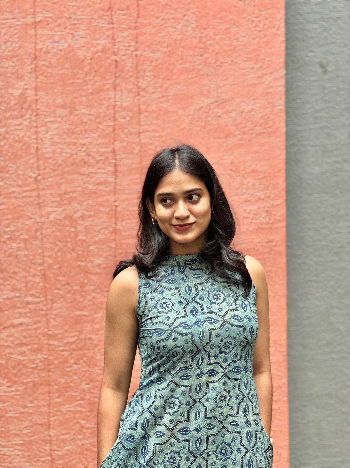 Ruchi - Teal Barmer Ajrakh Block Printed A-line Dress