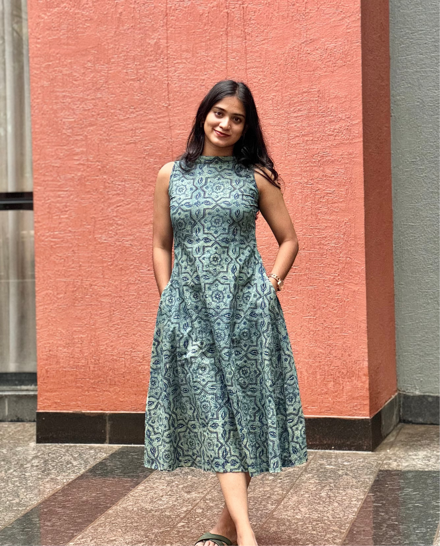 Ruchi - Teal Barmer Ajrakh Block Printed A-line Dress