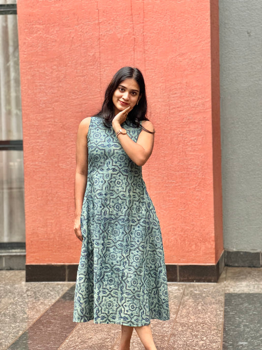 Ruchi - Teal Barmer Ajrakh Block Printed A-line Dress