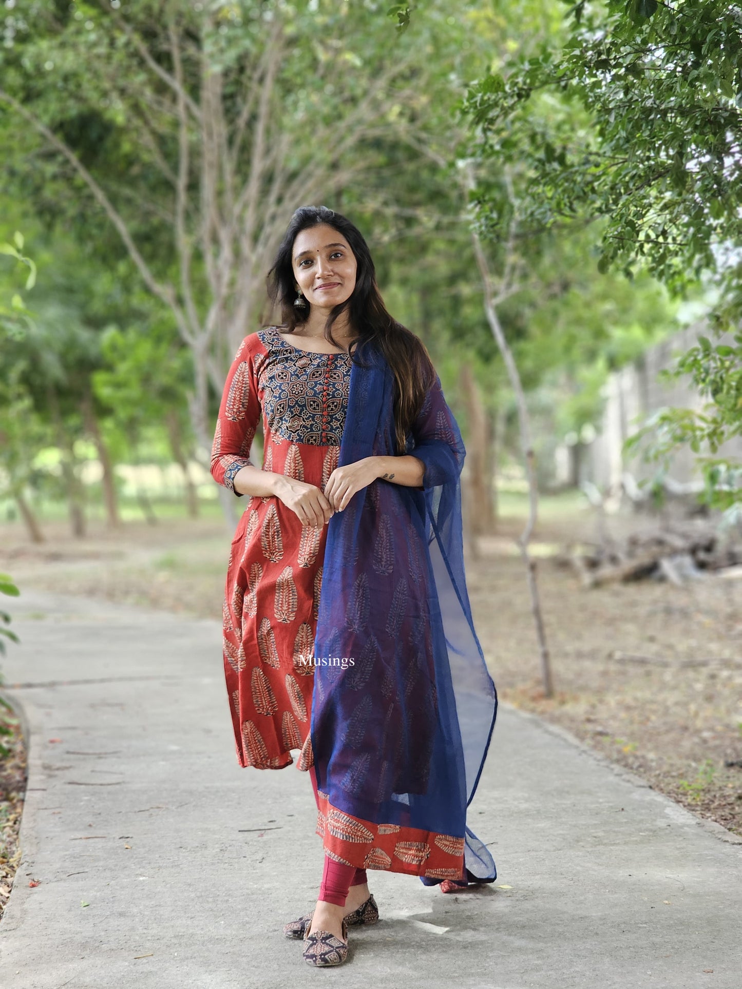 Nakshatra - Ajrakh Patchwork A line Kurta & Kota Dupatta set