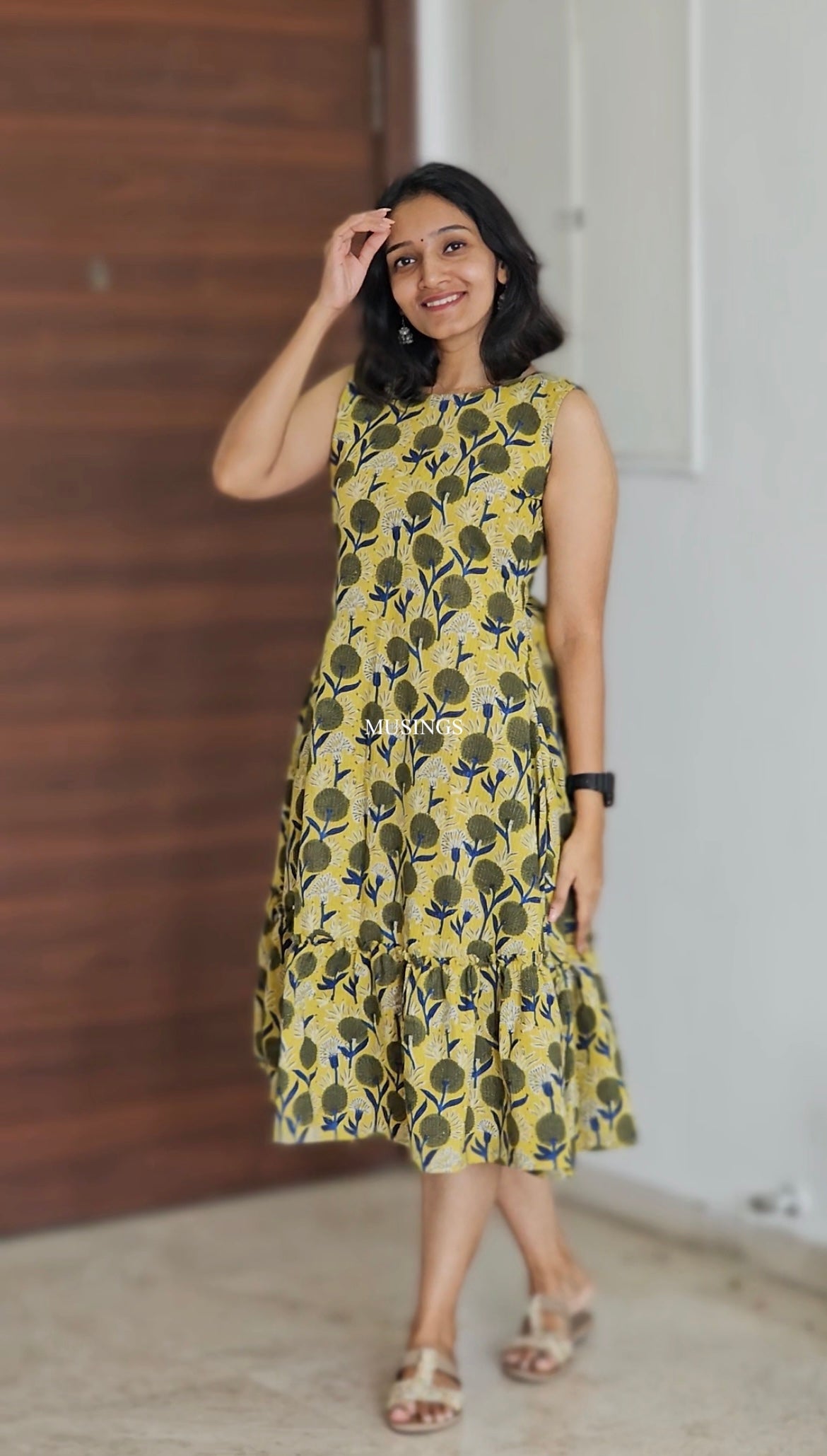 Daffodil - Kantha Stitched Sanganeri Handblock Printed Dress