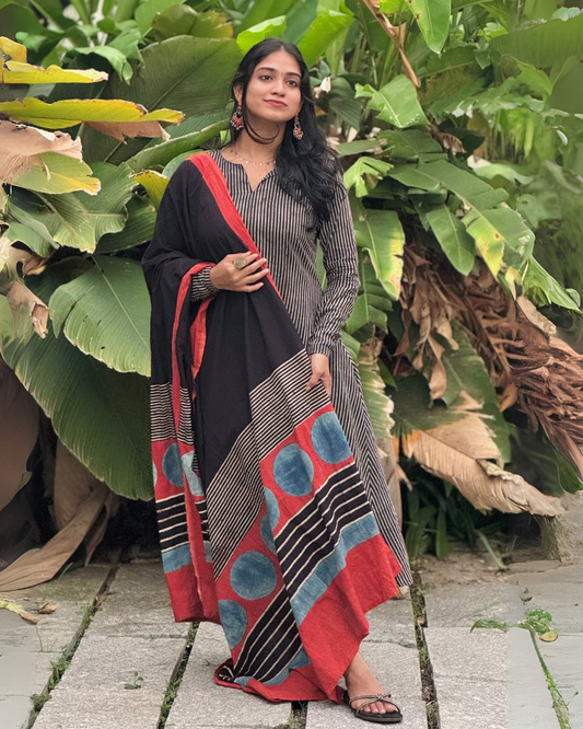 Aarohi - Ajrakh Handblock Printed Striped Kurta