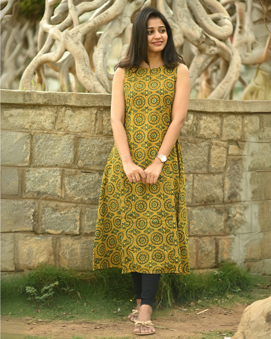Yukti - Ajrakh Handblock Printed A-Line kurta