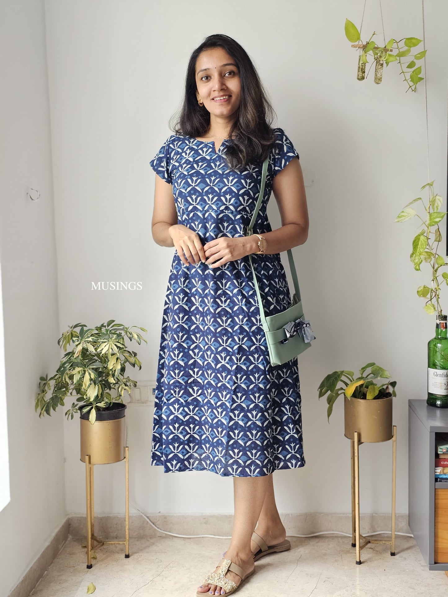 Indigo Chic - Bagru Handblock Printed Midi Dress