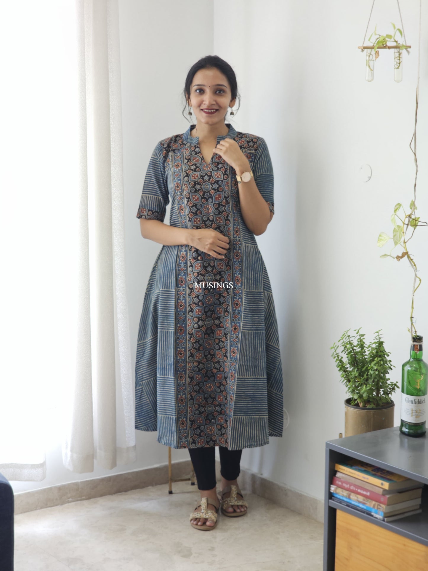 Taara - Indigo Ajrakh Natural Dyed Handblock Printed A line Kurta