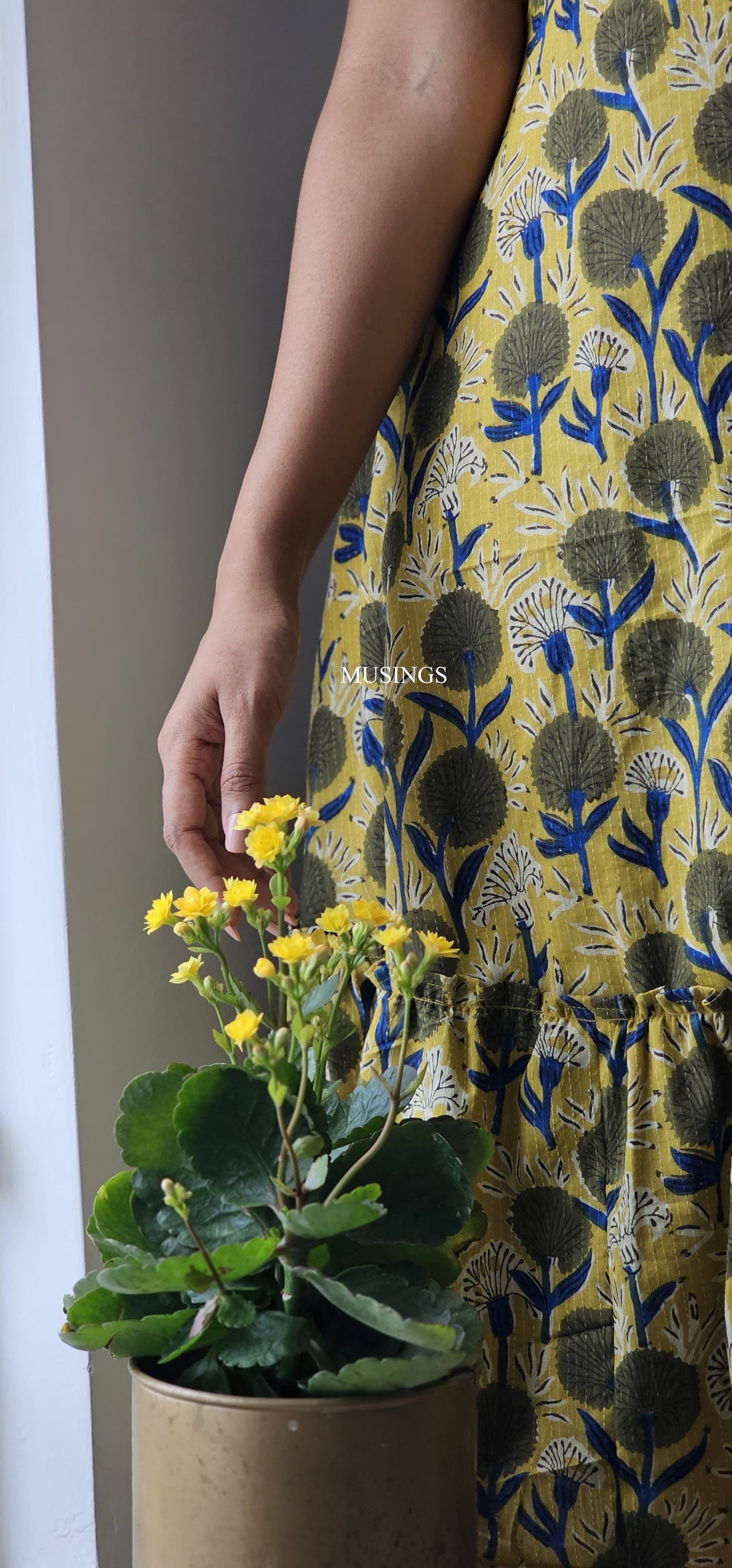 Daffodil - Kantha Stitched Sanganeri Handblock Printed Dress