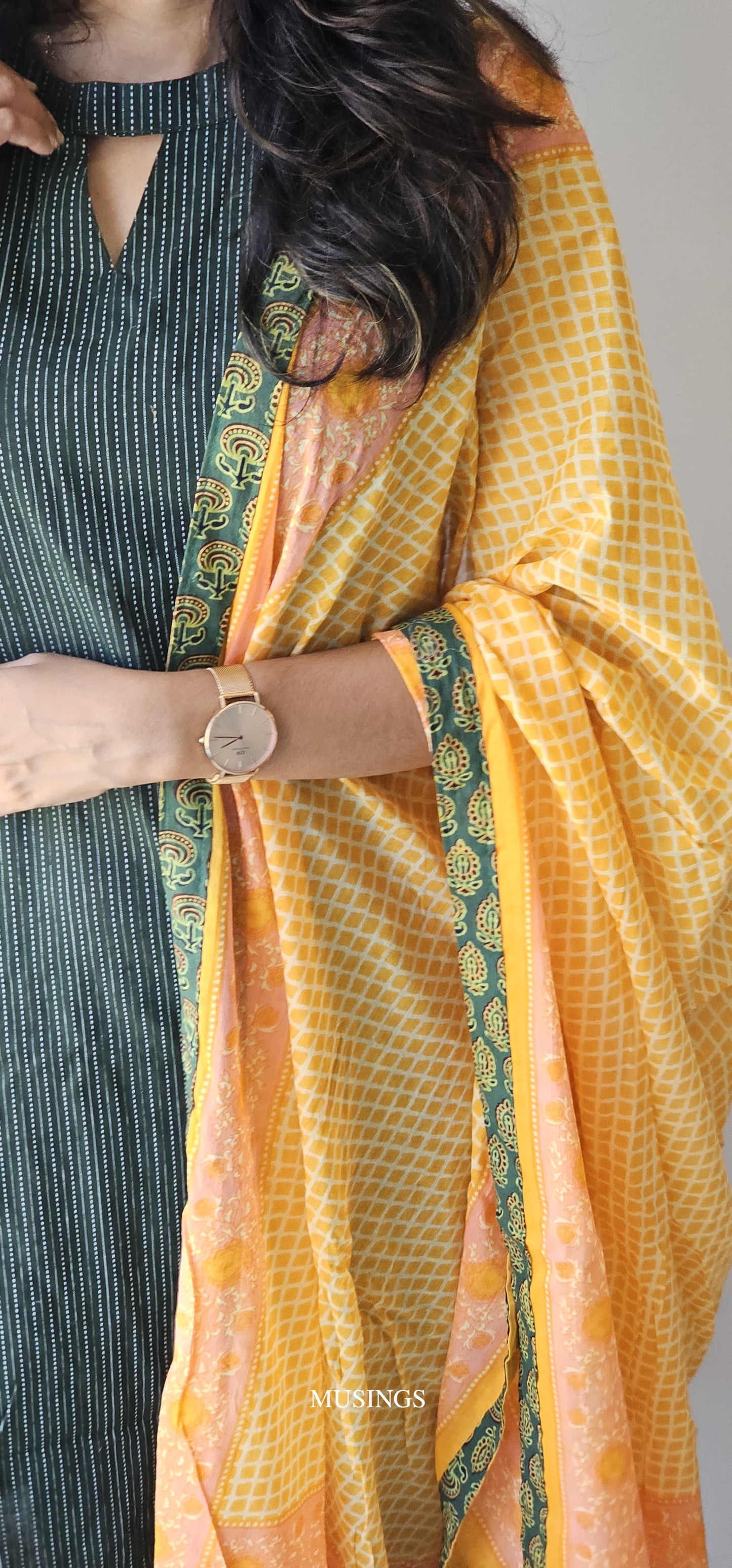 Manasa - Kantha Stitched Kurta with Mul cotton Patchwork Dupatta