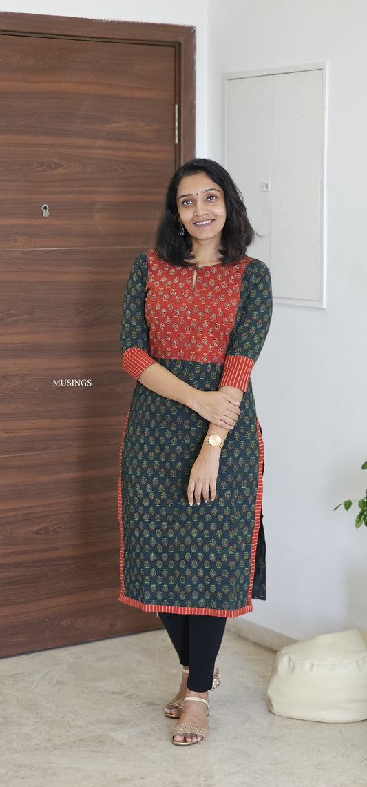 Thulasi - Ajrakh Handblock Printed Patchwork Kurta